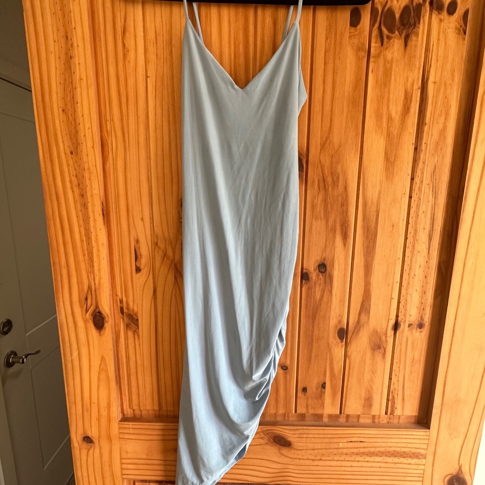 Light blue body con asymmetrical ruched dress